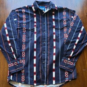 VTG Wrangler Navy Southwestern Stripe Button-Up Shirt Size M